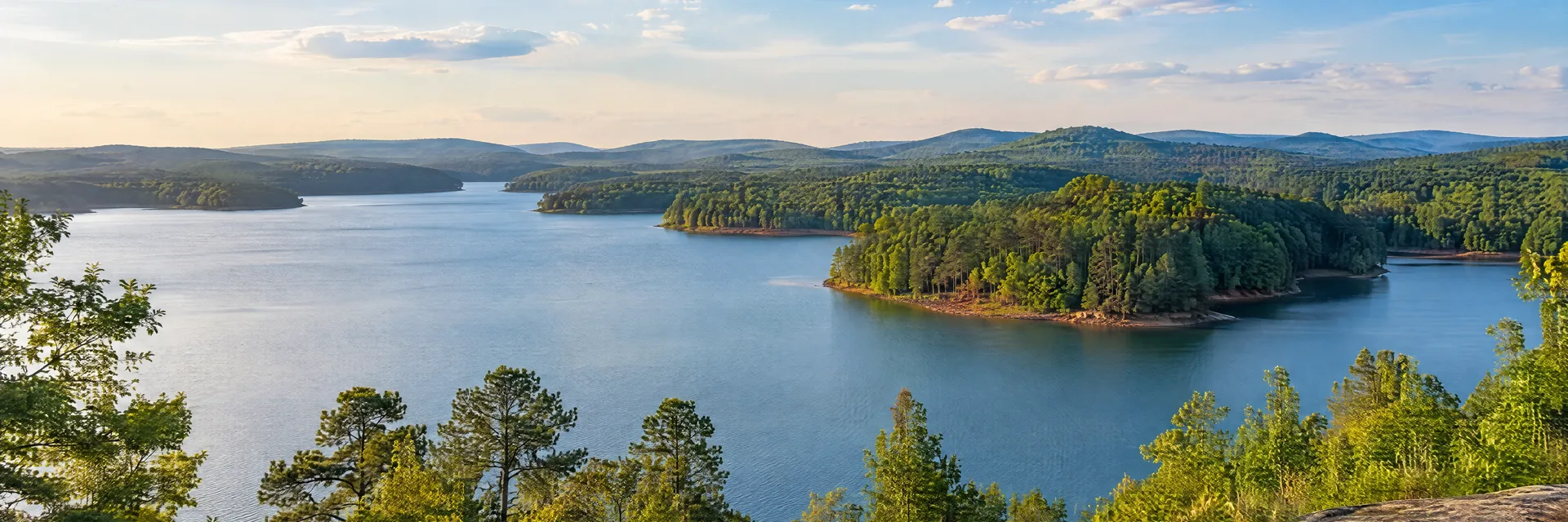Illustration inspired by LaGrange, GA: western Georgia broad reservoir with wooded coves and gently rolling hills.