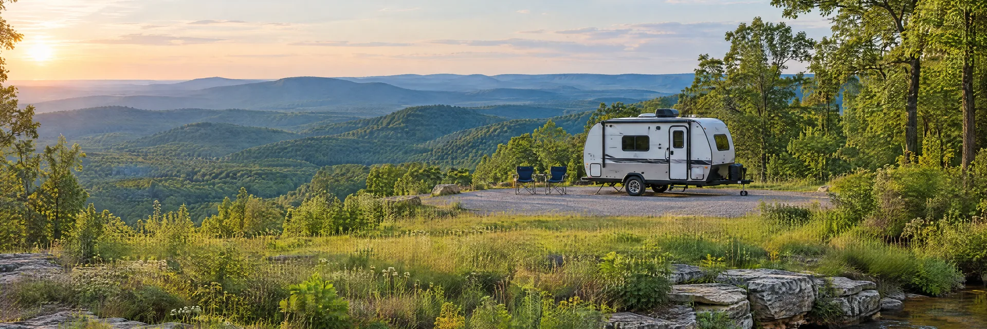 Illustration of a compact travel trailer at a fictional camping setting inspired by Lookout Mountain, GA.