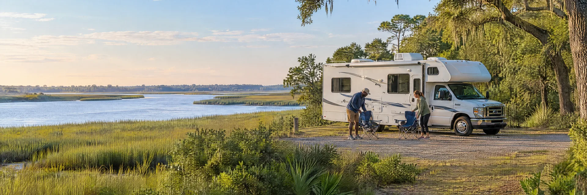 Illustration of campers enjoying setting up camp beside a Class C motorhome in a fictional camping setting inspired by St Marys, GA.