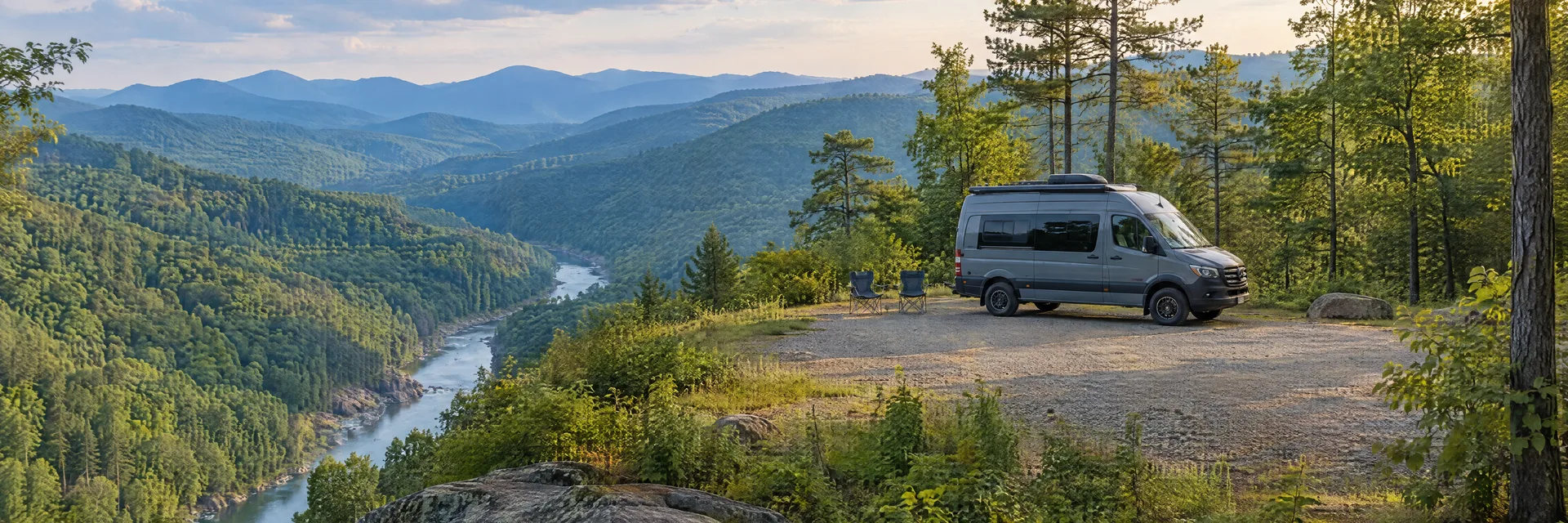 Illustration of a camper van at a fictional camping setting inspired by Tallulah Falls, GA.