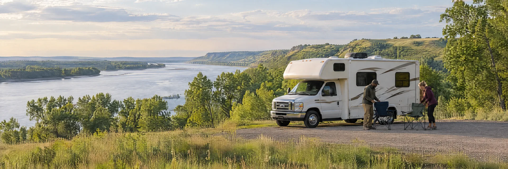 Illustration of campers enjoying setting up camp beside a Class C motorhome in a fictional camping setting inspired by Council Bluffs, IA.