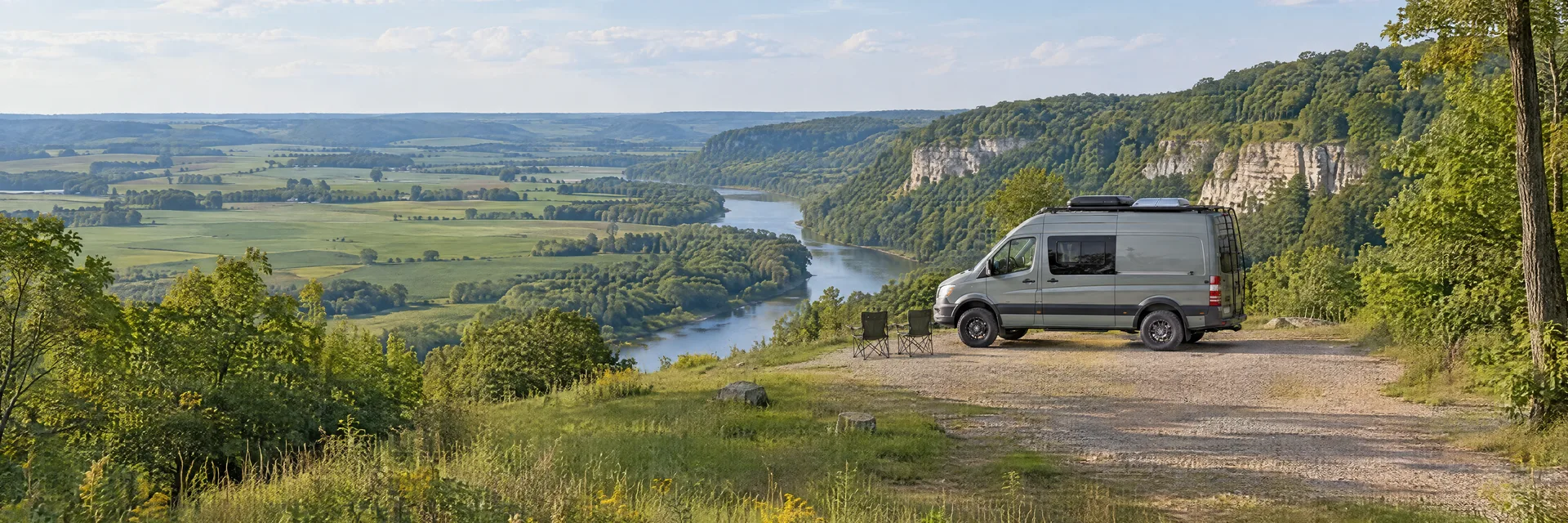 Illustration of a camper van at a fictional camping setting inspired by Decorah, IA.