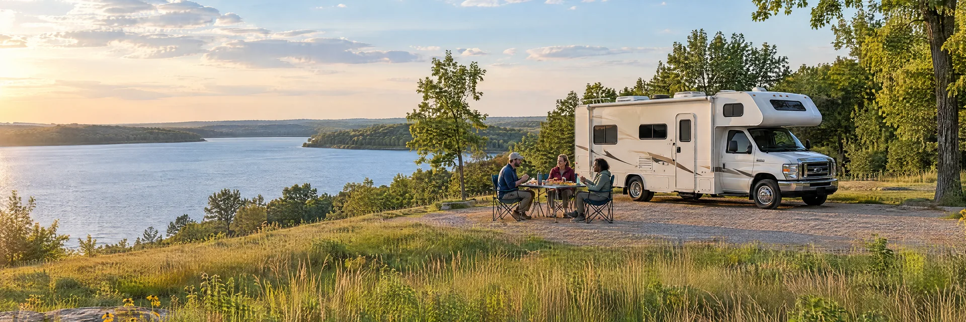 Illustration of campers enjoying an outdoor meal beside a Class C motorhome in a fictional camping setting inspired by Knoxville, IA.
