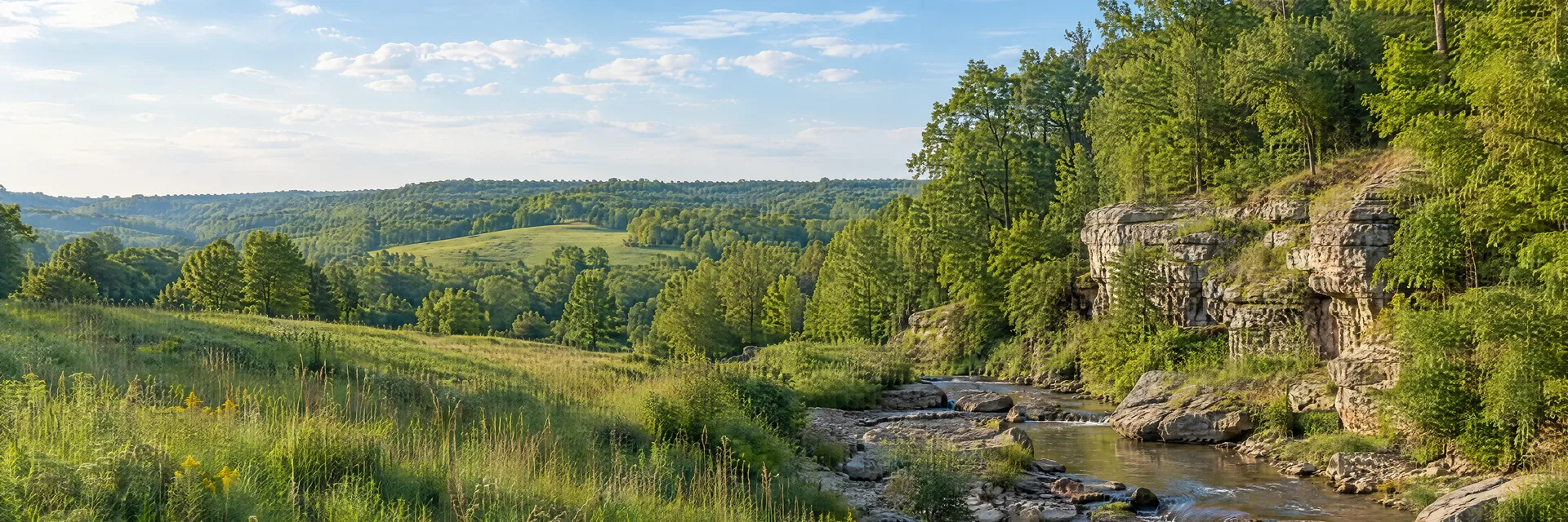 Illustration inspired by Maquoketa, IA: eastern Iowa rolling green countryside with hardwood forest, a rocky creek and modest limestone outcrops.