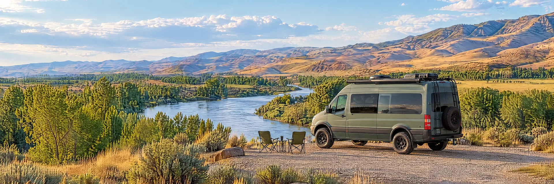 Illustration of a sage-green modern campervan at a fictional camping setting inspired by Caldwell, ID.