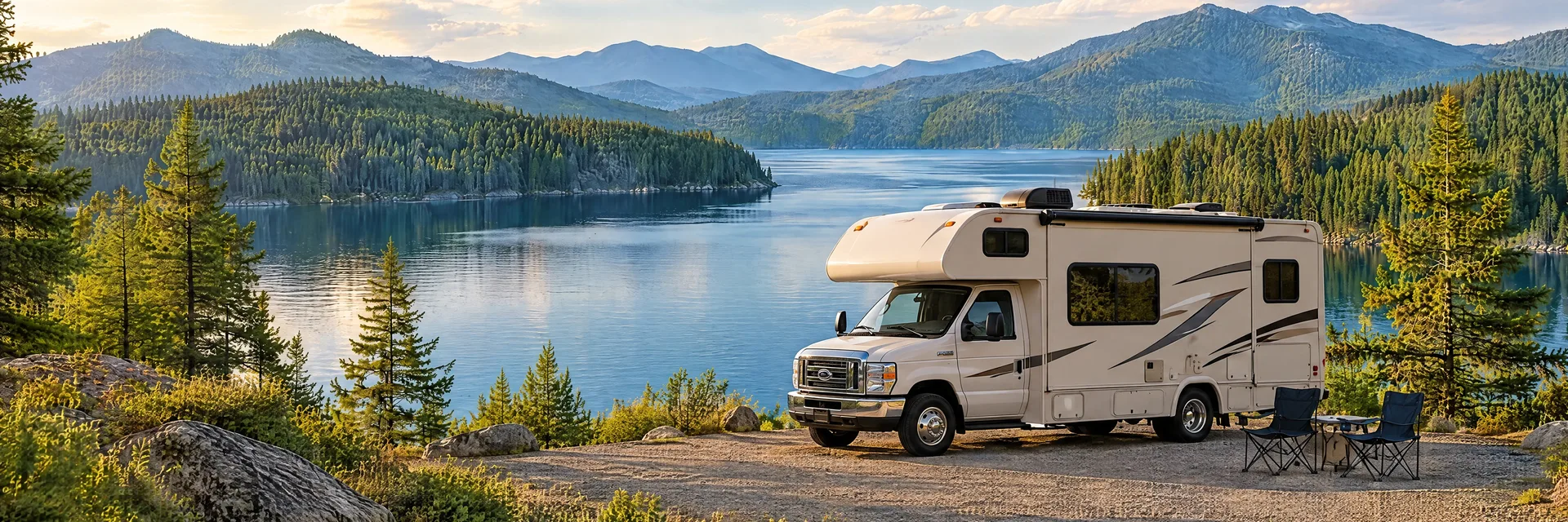 Illustration of a cream Class C motorhome with a modest overcab bunk at a fictional camping setting inspired by Coeur D'alene, ID.
