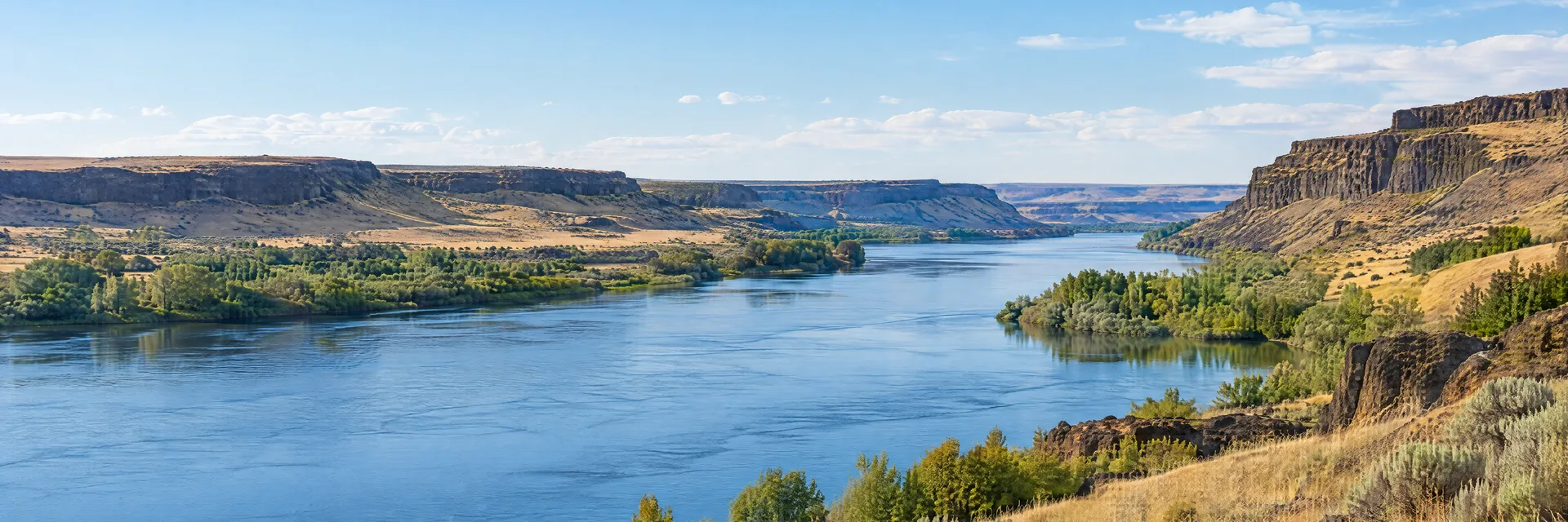 Illustration inspired by Hagerman, ID: southern Idaho Snake River country with broad blue water, low dark basalt canyon rims and dry grassy slopes, no named waterfalls.