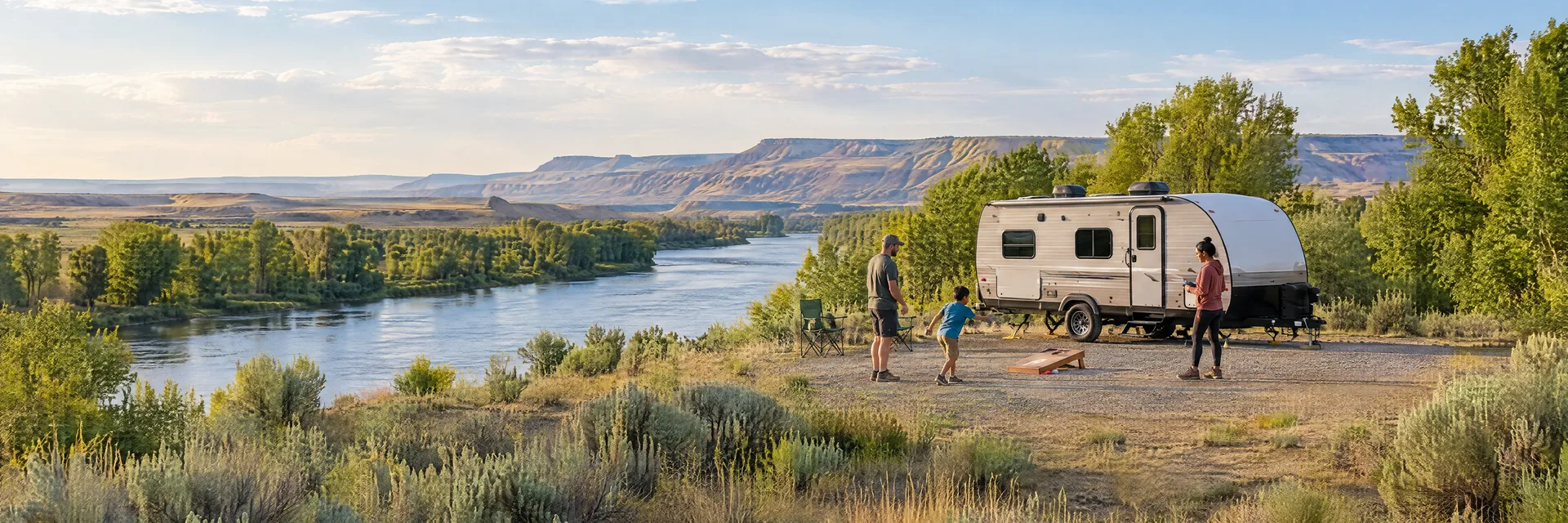 Illustration of campers enjoying family campsite activities beside a compact travel trailer in a fictional camping setting inspired by Heyburn, ID.