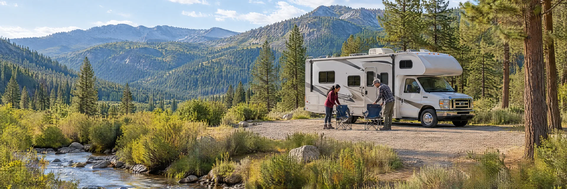Illustration of campers enjoying setting up camp beside a Class C motorhome in a fictional camping setting inspired by Idaho City, ID.