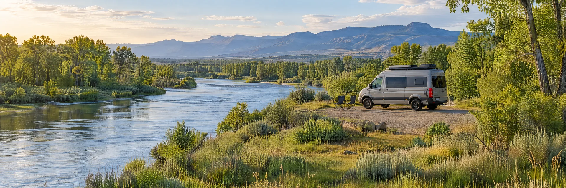 Illustration of a camper van at a fictional camping setting inspired by Idaho Falls, ID.
