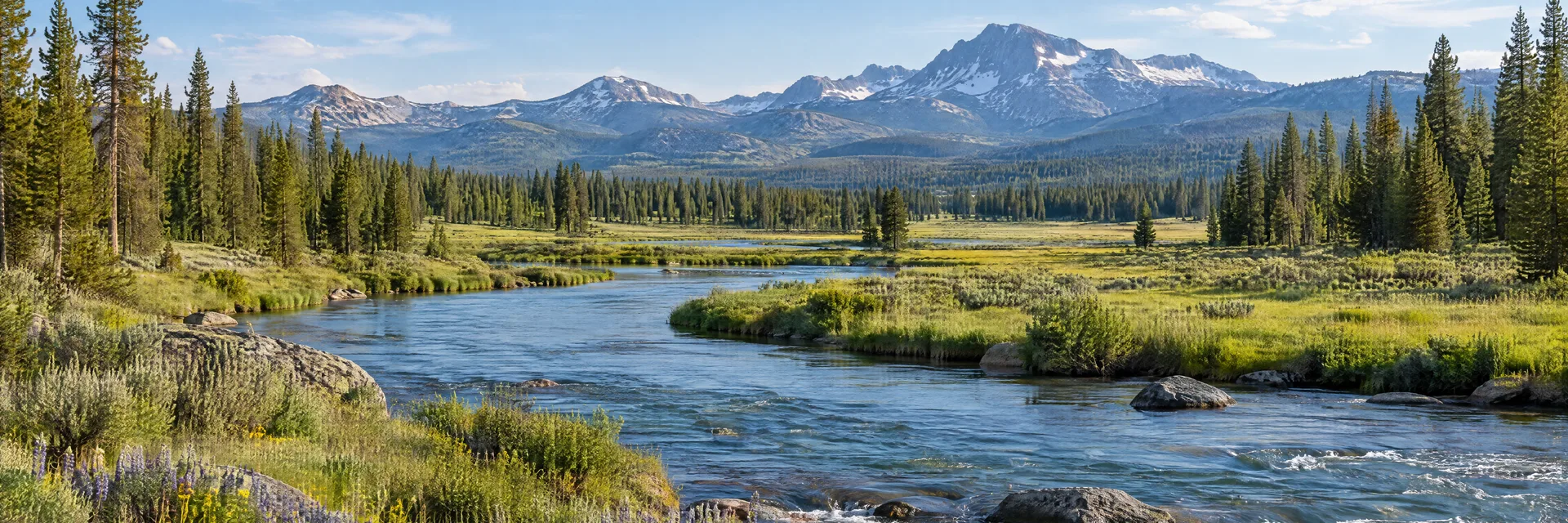 Illustration inspired by Island Park, ID: clear Idaho high-country river through meadow and lodgepole pine forest.