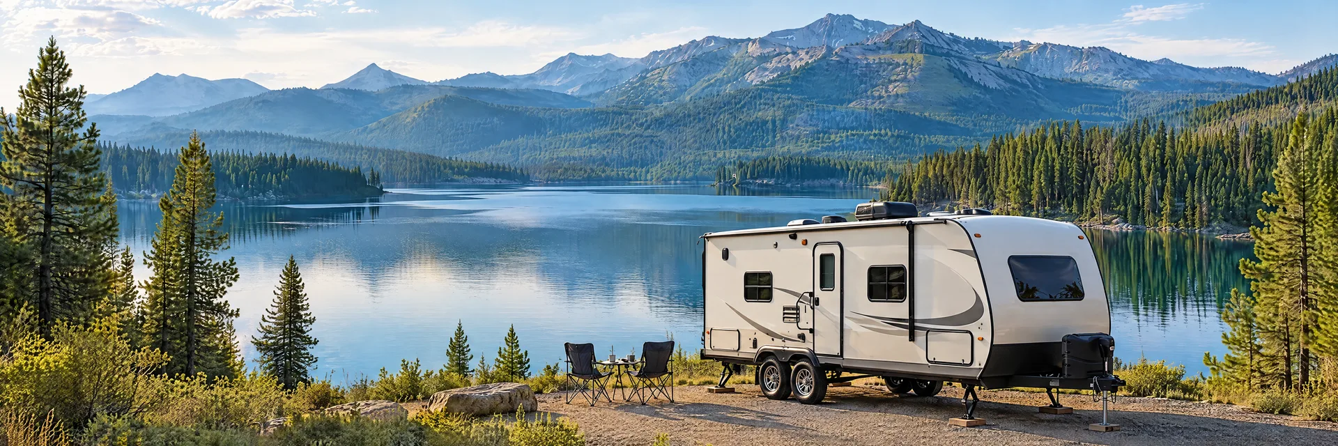Illustration of a ivory tandem-axle travel trailer with visible hitch and stabilizers at a fictional camping setting inspired by McCall, ID.
