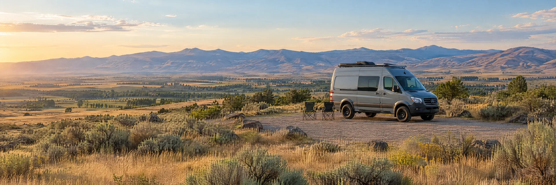 Illustration of a camper van at a fictional camping setting inspired by Nampa, ID.