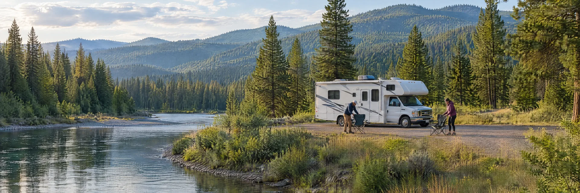 Illustration of campers enjoying setting up camp beside a Class C motorhome in a fictional camping setting inspired by Priest River, ID.