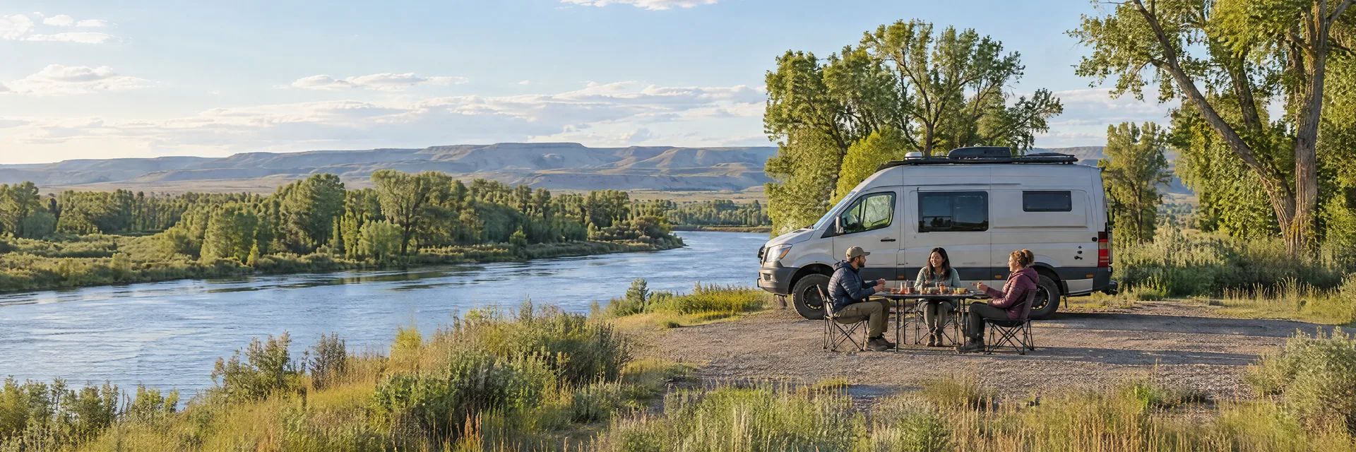 Illustration of campers enjoying an outdoor meal beside a camper van in a fictional camping setting inspired by Saint Anthony, ID.