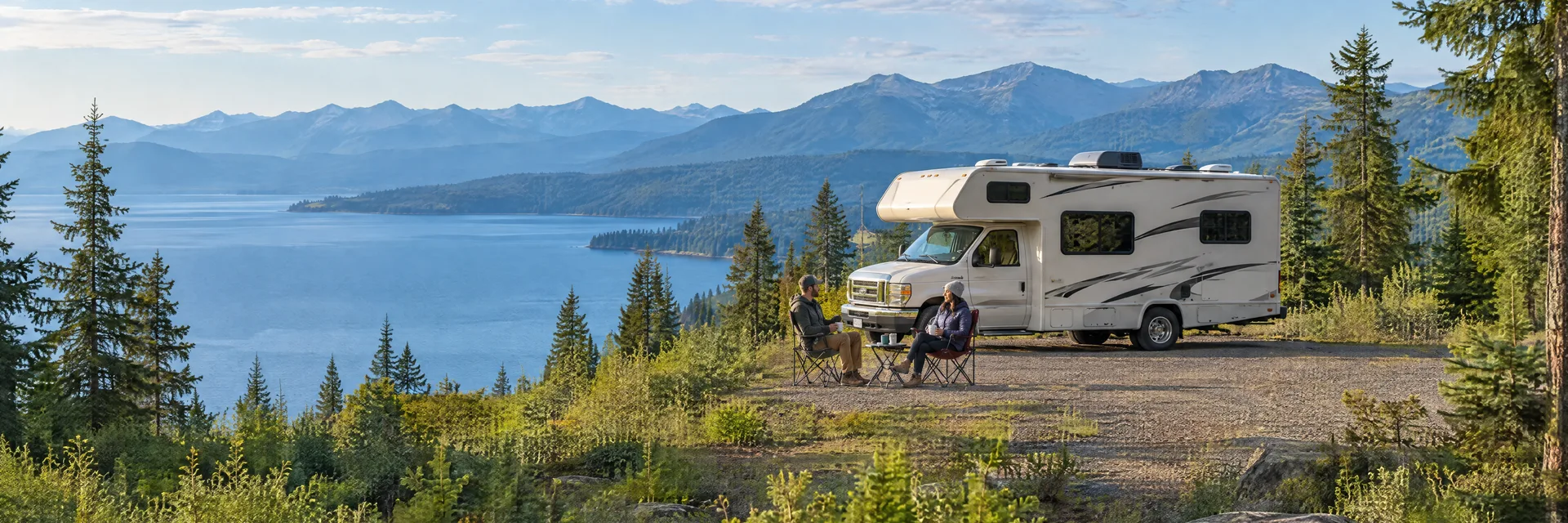 Illustration of campers enjoying morning coffee beside a Class C motorhome in a fictional camping setting inspired by Sandpoint, ID.