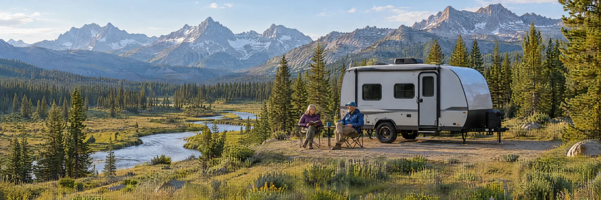 Illustration of campers enjoying relaxing at camp beside a compact travel trailer in a fictional camping setting inspired by Stanley, ID.