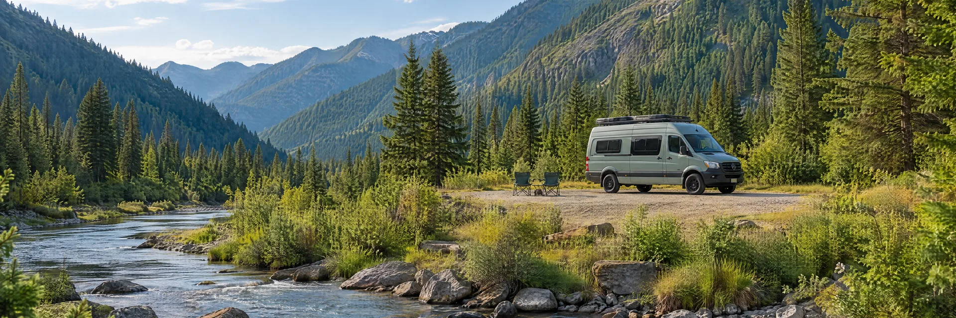 Illustration of a camper van at a fictional camping setting inspired by Wallace, ID.