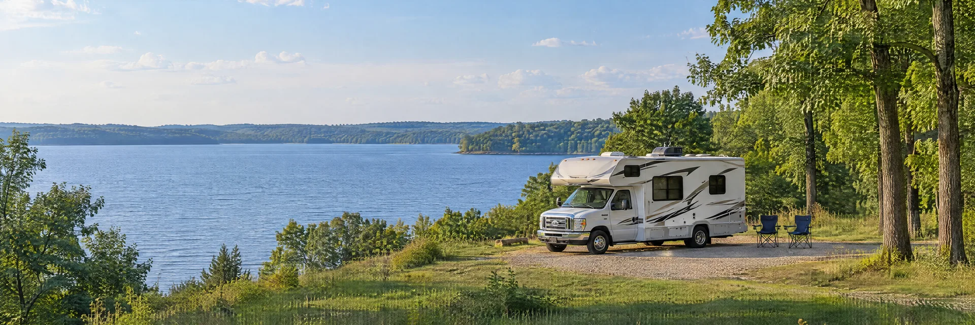 Illustration of a Class C motorhome at a fictional camping setting inspired by Carlyle, IL.