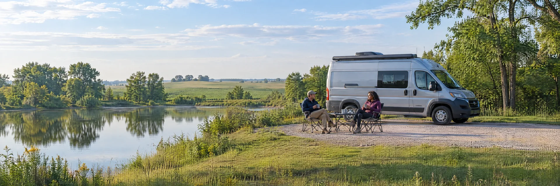 Illustration of campers enjoying morning coffee beside a camper van in a fictional camping setting inspired by Casey, IL.