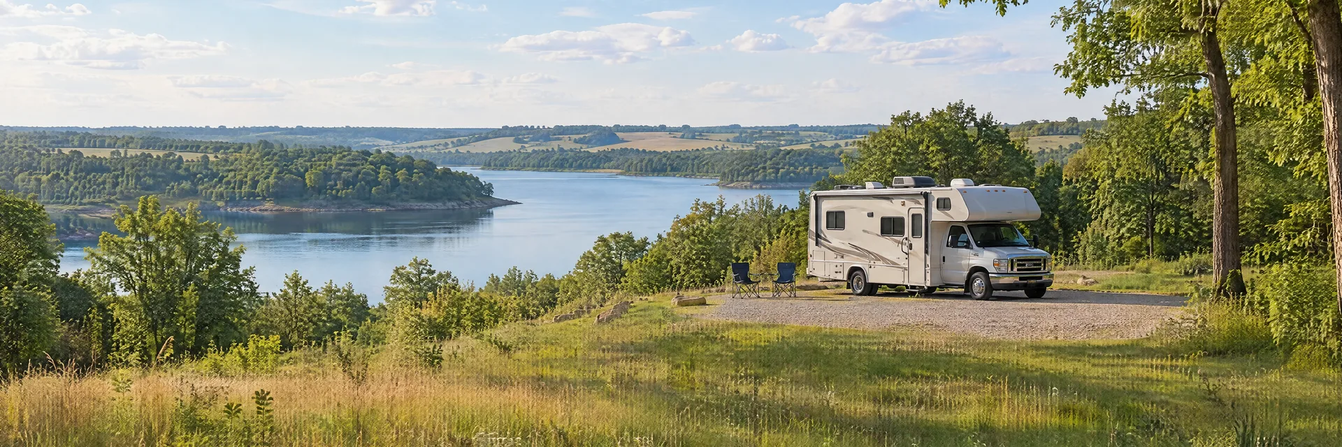 Illustration of a Class C motorhome at a fictional camping setting inspired by Clinton, IL.
