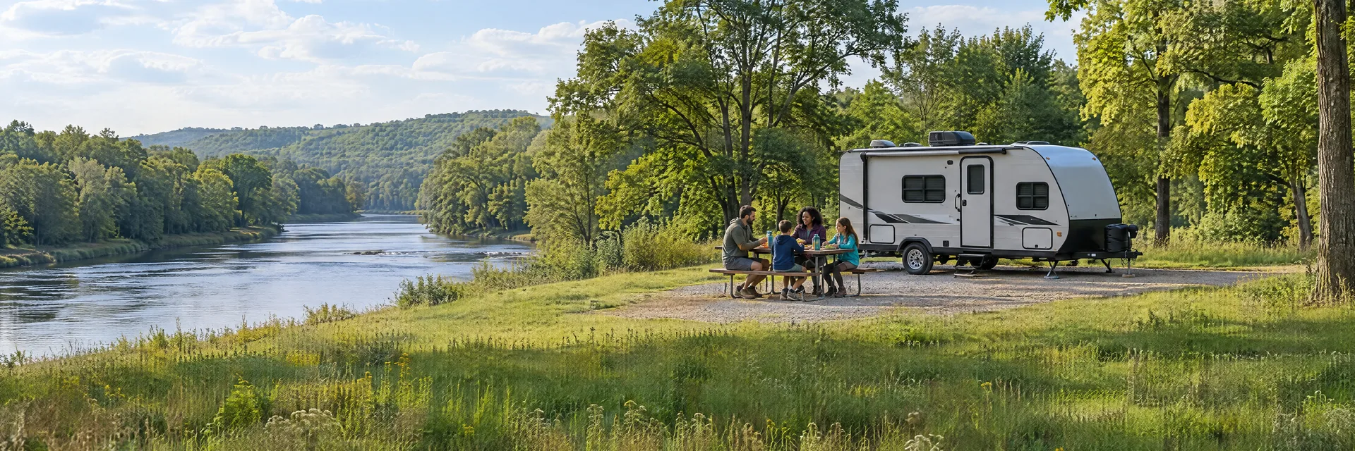 Illustration of campers enjoying a family picnic beside a compact travel trailer in a fictional camping setting inspired by Millbrook, IL.