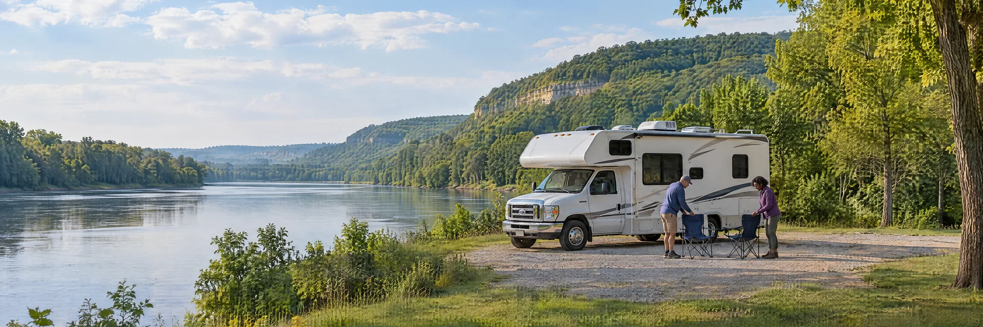 Illustration of campers enjoying setting up camp beside a Class C motorhome in a fictional camping setting inspired by Putnam, IL.