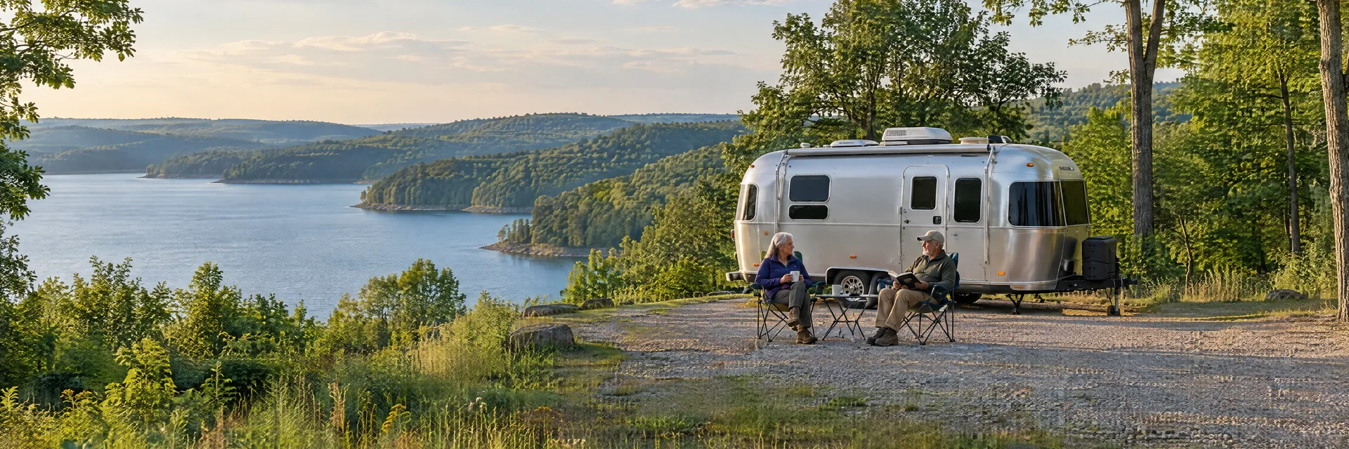 Illustration of campers enjoying relaxing at camp beside a rounded silver travel trailer in a fictional camping setting inspired by BLOOMINGTON, IN.