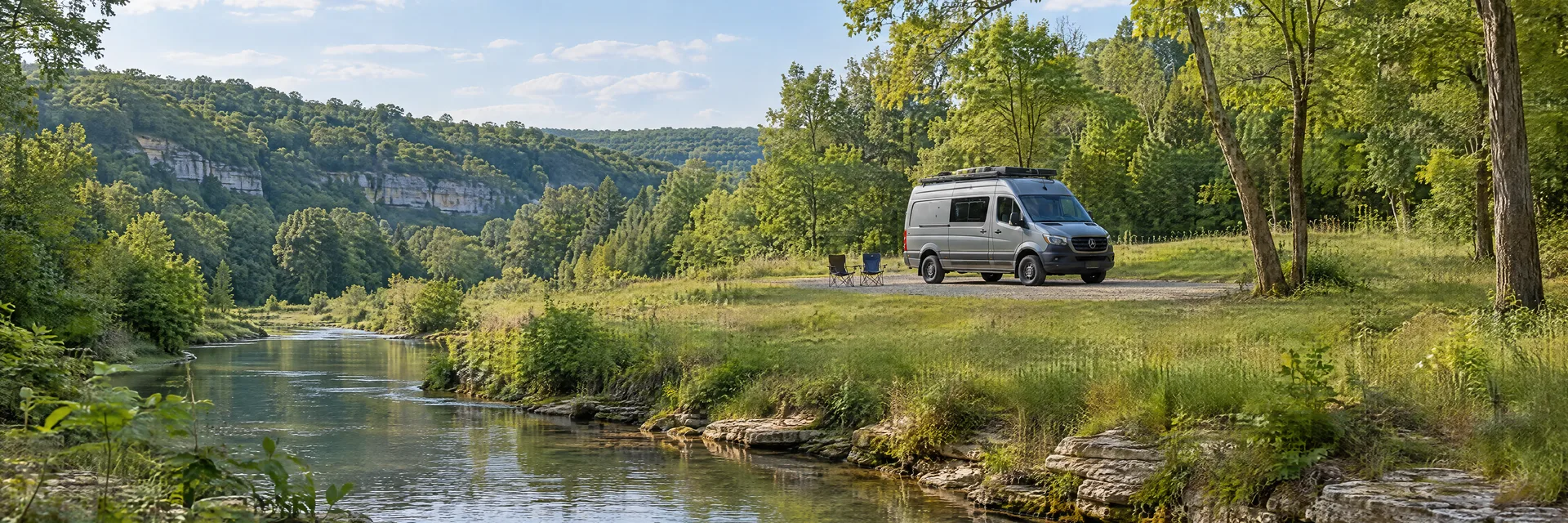 Illustration of a camper van at a fictional camping setting inspired by Friendship, IN.