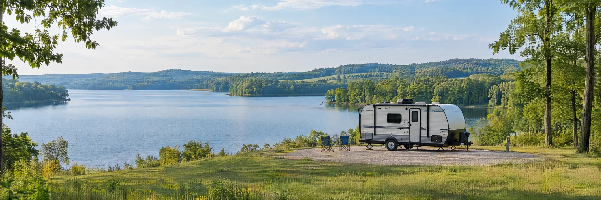 Illustration of a compact travel trailer at a fictional camping setting inspired by Noblesville, IN.