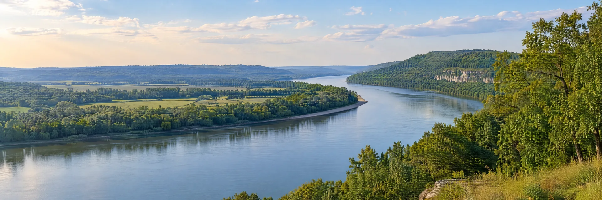 Illustration inspired by Rising Sun, IN: southeastern Indiana Ohio River valley, broad river bend, hardwood slopes and grassy banks.