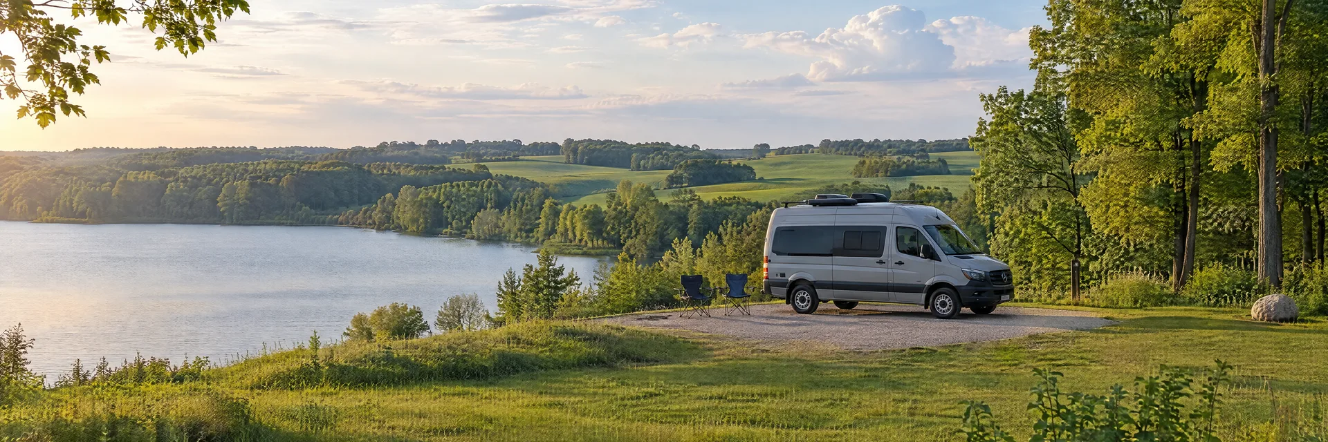 Illustration of a camper van at a fictional camping setting inspired by Shipshewana, IN.