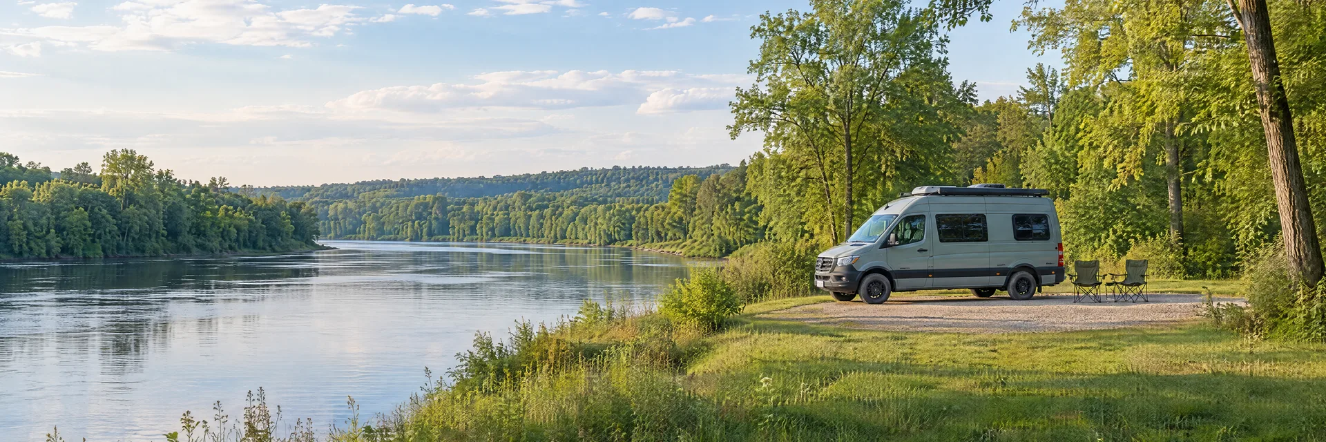 Illustration of a camper van at a fictional camping setting inspired by South Bend, IN.