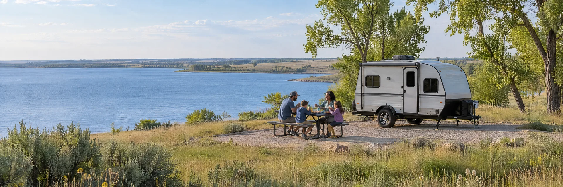 Illustration of campers enjoying a family picnic beside a compact travel trailer in a fictional camping setting inspired by Topeka, KS.