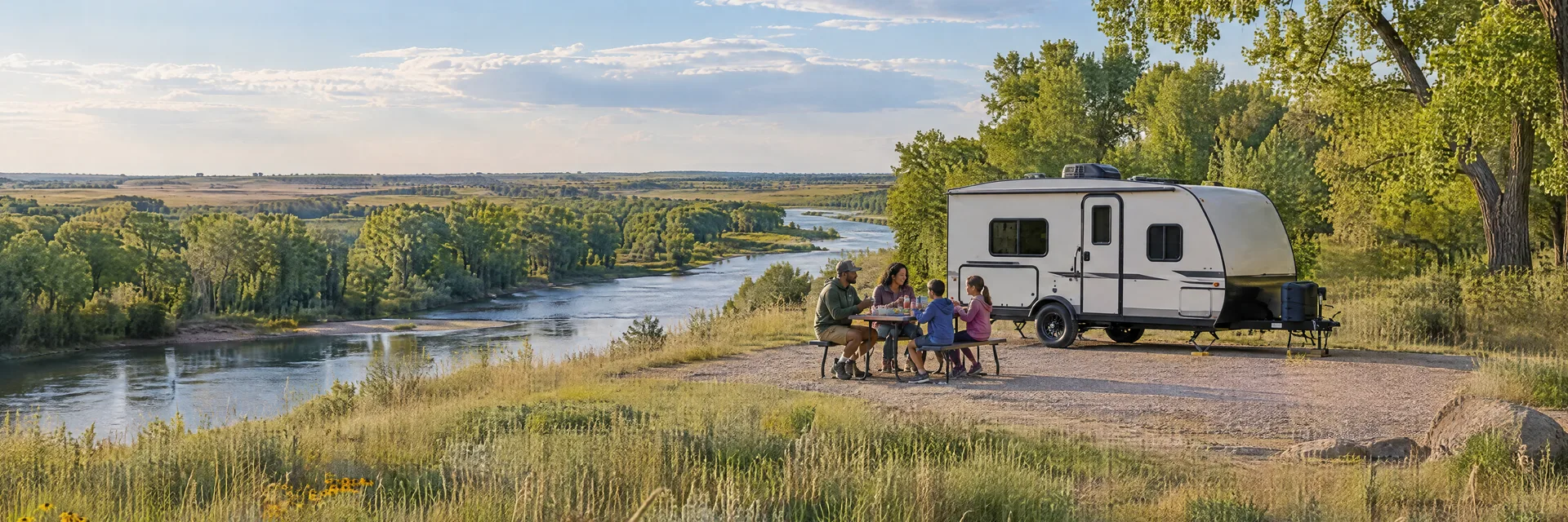 Illustration of campers enjoying a family picnic beside a compact travel trailer in a fictional camping setting inspired by Wichita, KS.