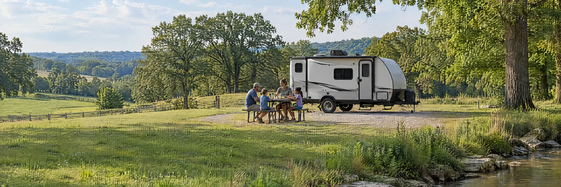 Illustration of campers enjoying a family picnic beside a compact travel trailer in a fictional camping setting inspired by Bardstown, KY.