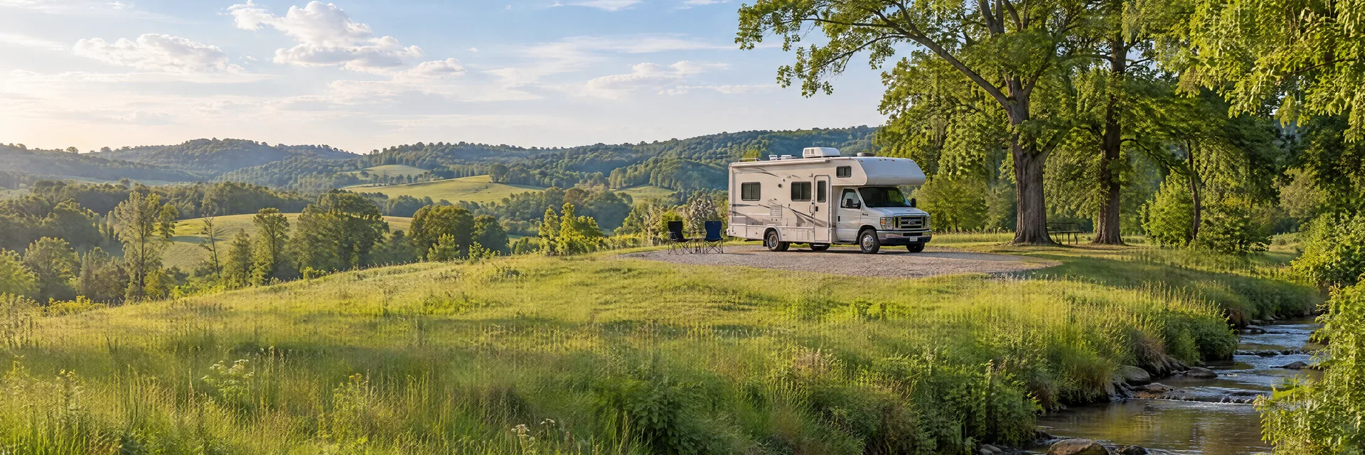 Illustration of a Class C motorhome at a fictional camping setting inspired by Berry, KY.