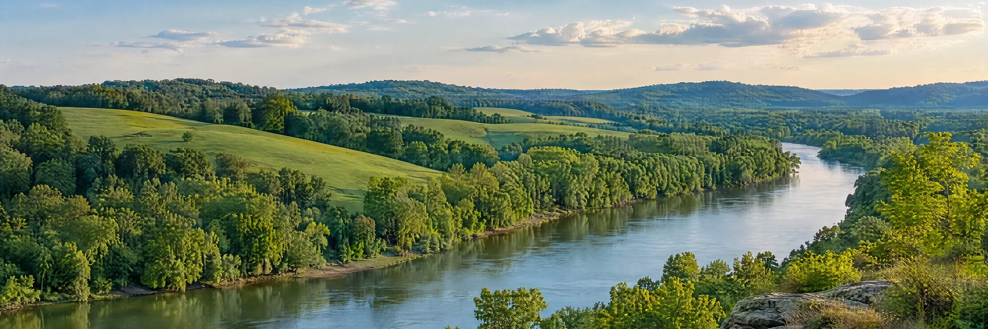 Illustration inspired by Bowling Green, KY: south central Kentucky green rolling hills, hardwood trees and quiet river.