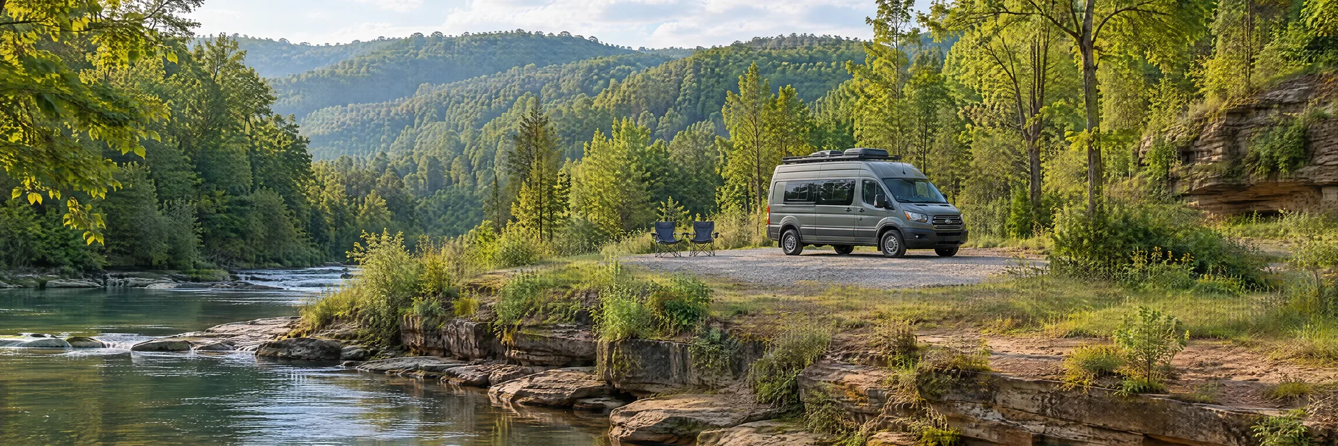 Illustration of a camper van at a fictional camping setting inspired by Corbin, KY.