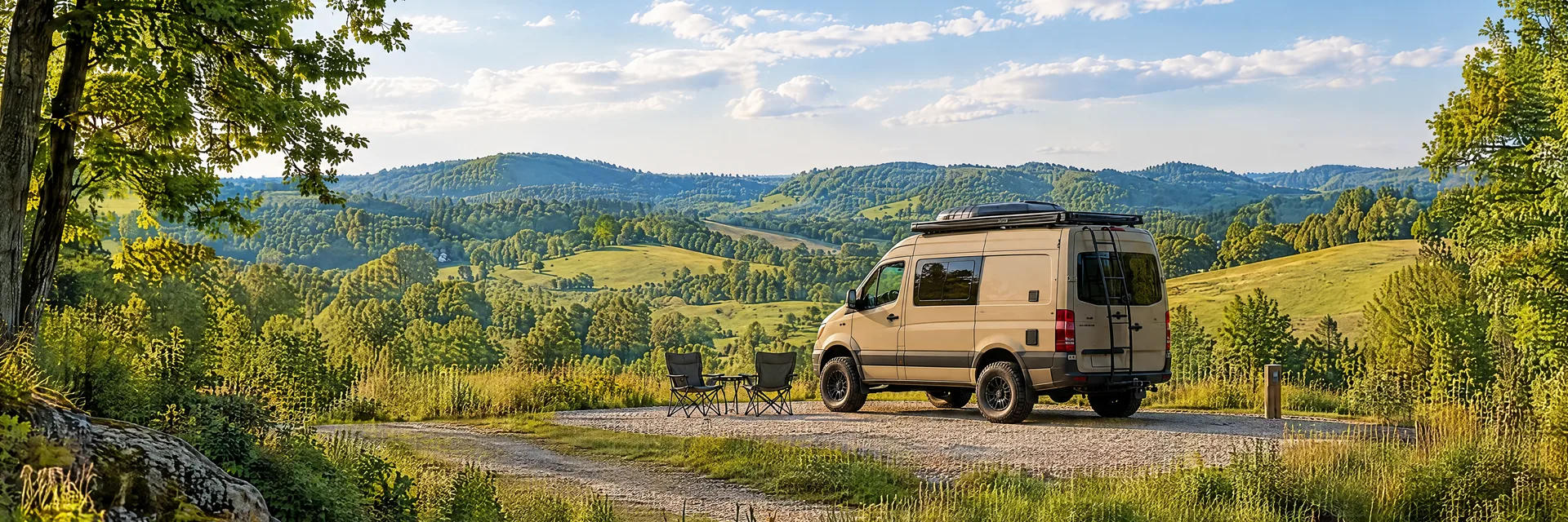 Illustration of a sand-colored rugged campervan at a fictional camping setting inspired by Elizabethtown, KY.