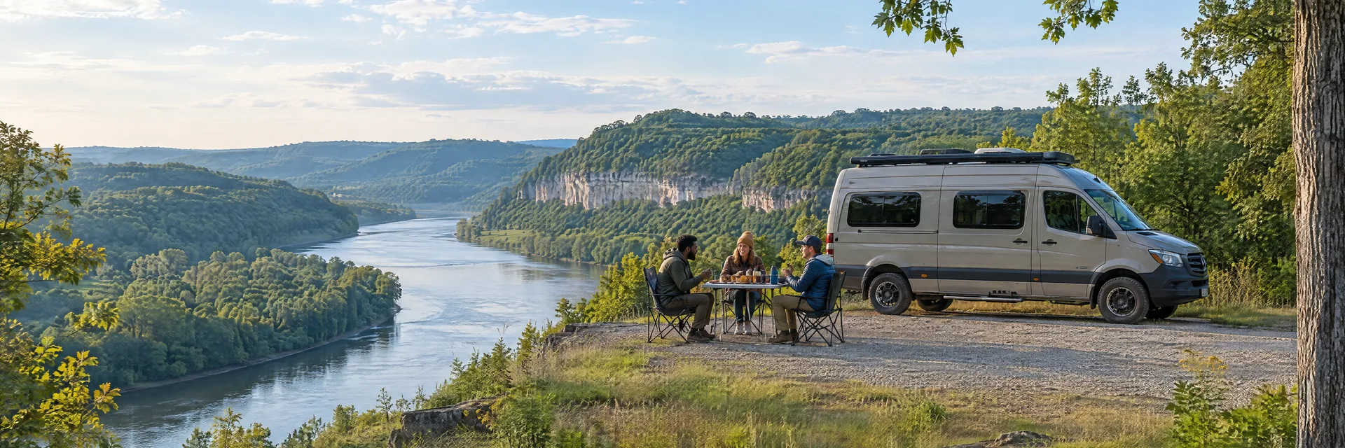 Illustration of campers enjoying an outdoor meal beside a camper van in a fictional camping setting inspired by Frankfort, KY.