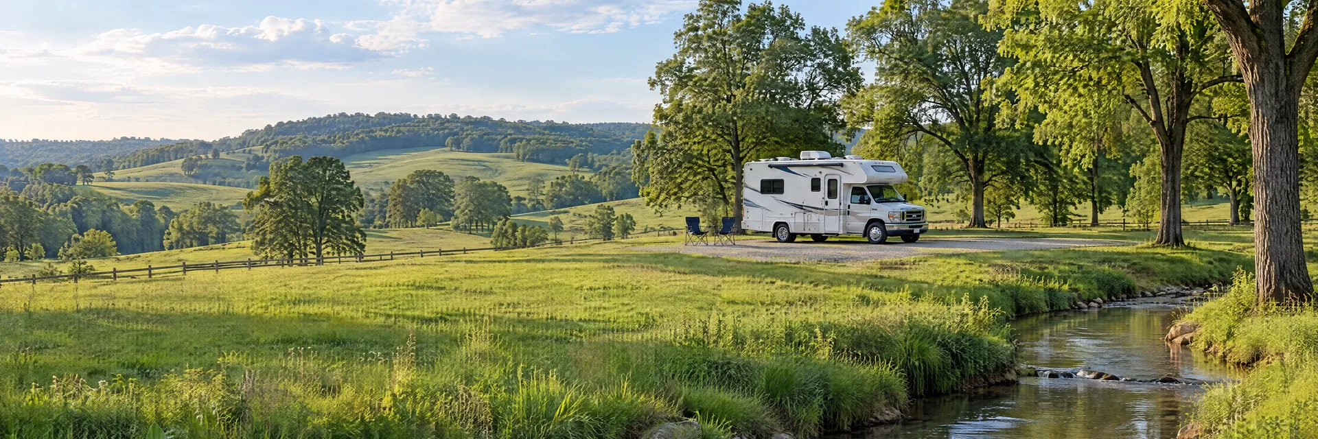 Illustration of a Class C motorhome at a fictional camping setting inspired by Georgetown, KY.