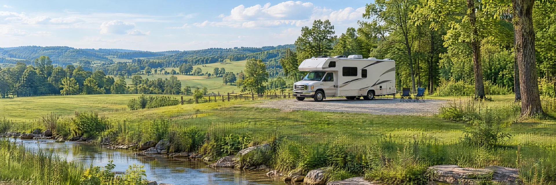 Illustration of a Class C motorhome at a fictional camping setting inspired by Lexington, KY.