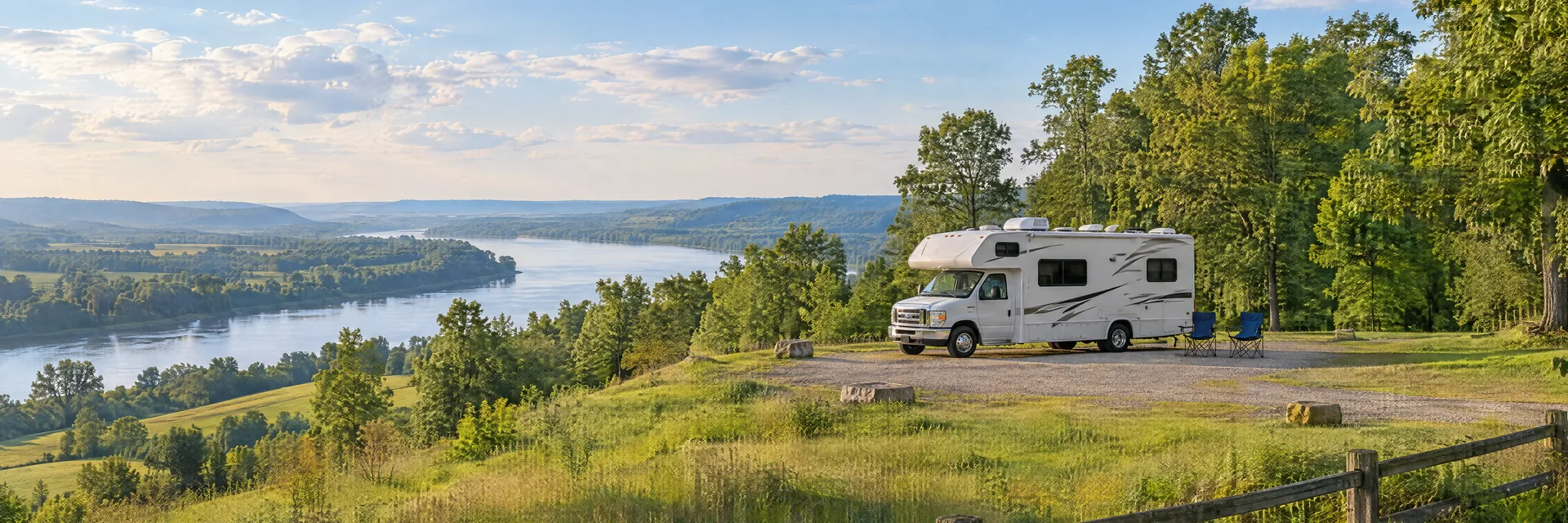 Illustration of a Class C motorhome at a fictional camping setting inspired by Louisville, KY.