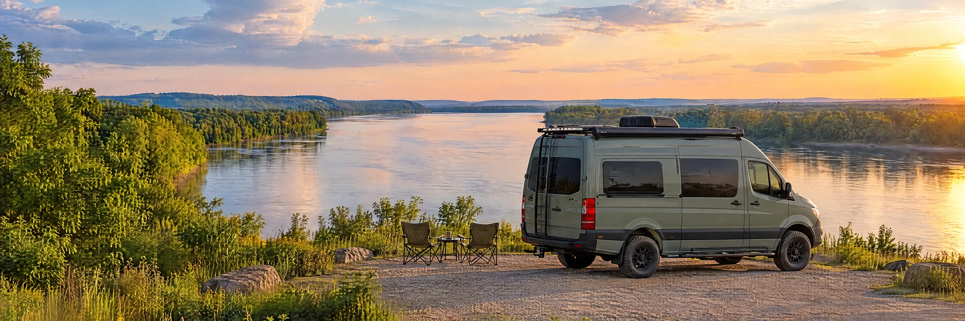 Illustration of a sage-green modern campervan at a fictional camping setting inspired by Paducah, KY.