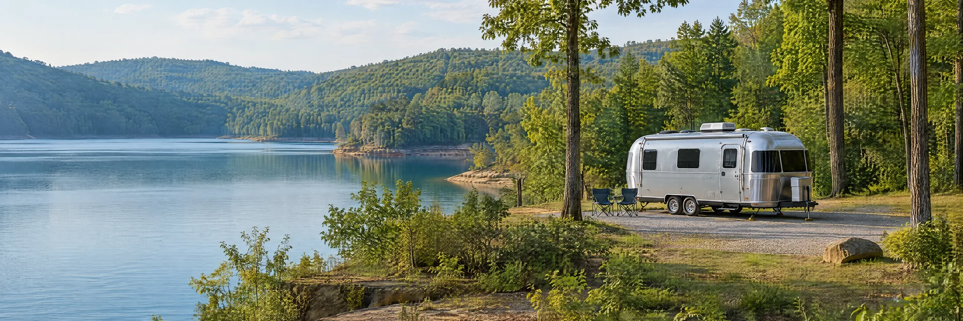 Illustration of a rounded silver travel trailer at a fictional camping setting inspired by Salt lick, KY.