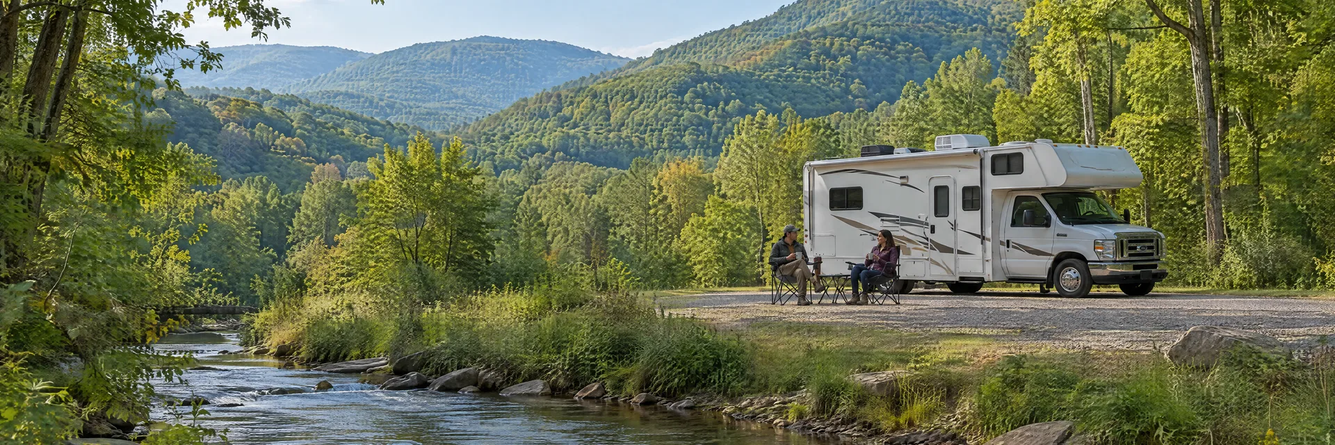 Illustration of campers enjoying morning coffee beside a Class C motorhome in a fictional camping setting inspired by Stoney Fork, KY.
