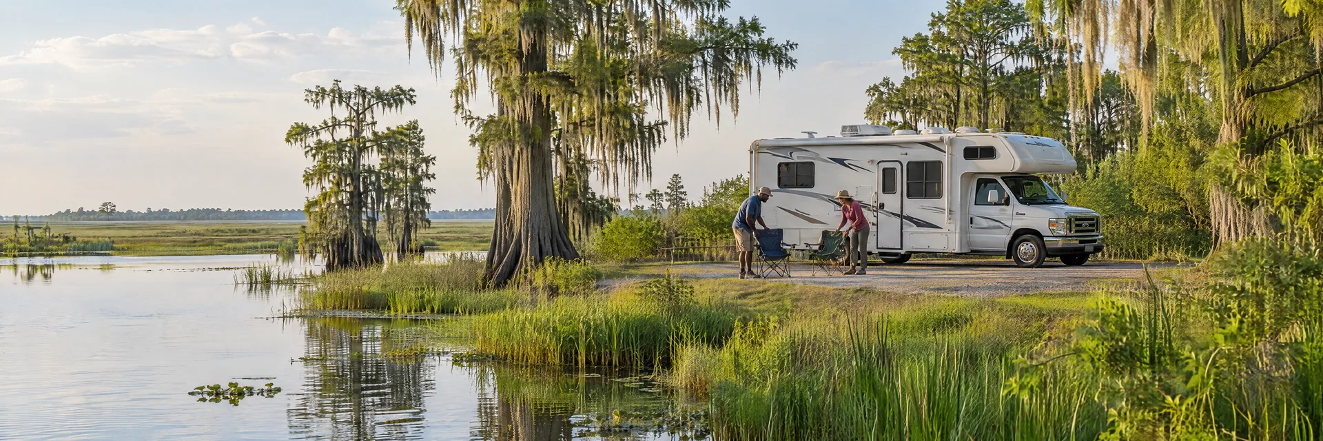 Illustration of campers enjoying setting up camp beside a Class C motorhome in a fictional camping setting inspired by New Iberia, LA.