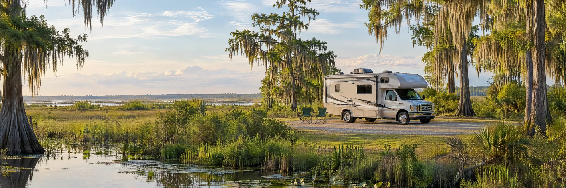 Illustration of a Class C motorhome at a fictional camping setting inspired by New Orleans, LA.