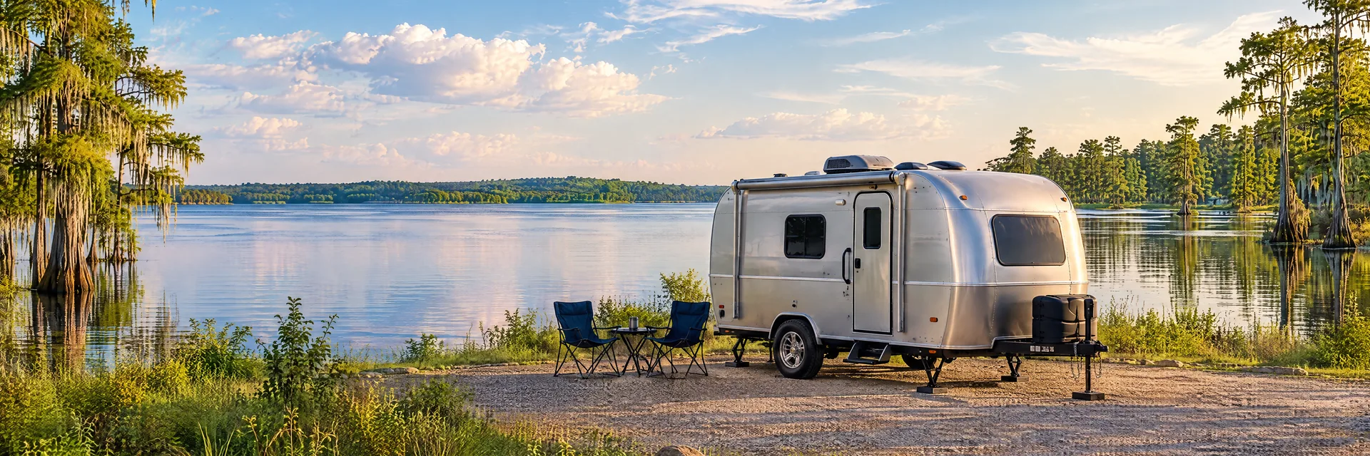 Illustration of a silver compact single-axle travel trailer with visible hitch and stabilizers at a fictional camping setting inspired by Shreveport, LA.